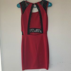 Red Backless Bodycon Dress with Black Lace Details